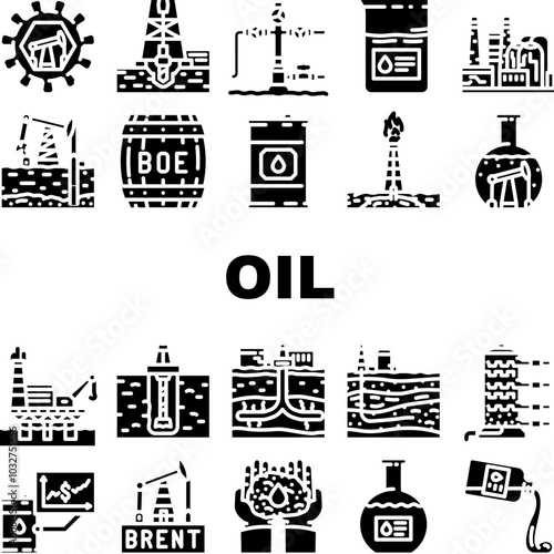 oil industry petroleum refinery icons set vector. exploration drilling, extraction offshore, onshore pipeline, reservoir, geology oil industry petroleum refinery glyph pictogram Illustrations