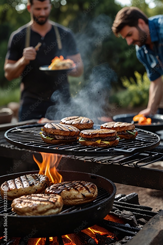 Friends, grilling meat and hamburgers together. on the iron stove man cooking delicious food. Friends, grilling meat and hamburgers together. on the iron stove man cooking delicious food.