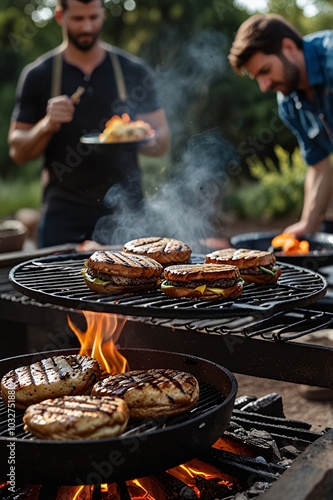 Friends, grilling meat and hamburgers together. on the iron stove man cooking delicious food.