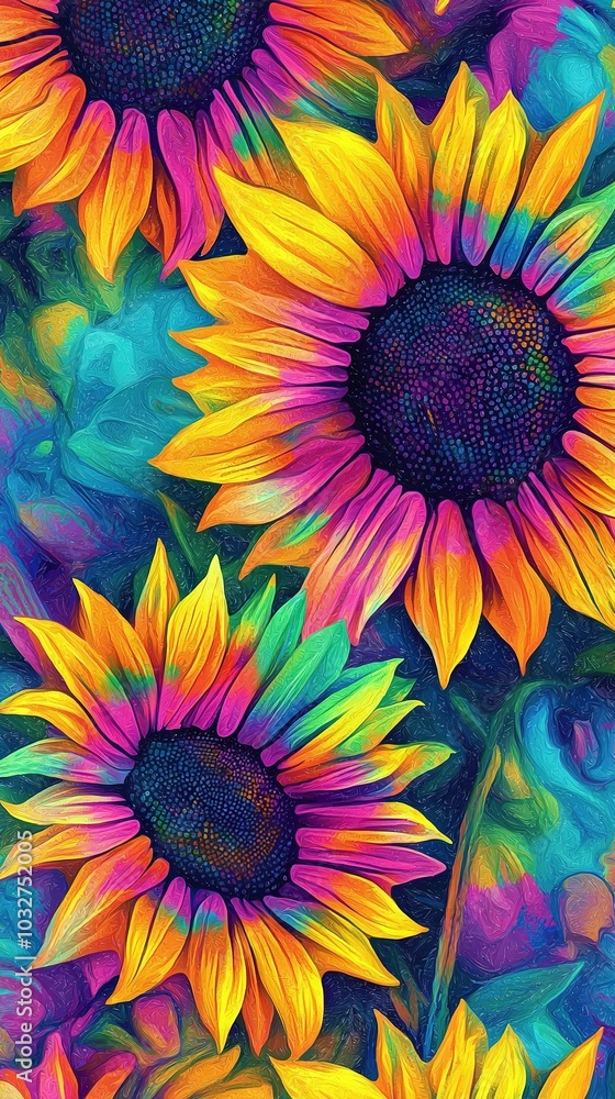 A painting of sunflowers against a blue sky in the foreground and a blue sky in the background A painting of sunflowers against a blue sky in the foreground and a blue sky in the background
