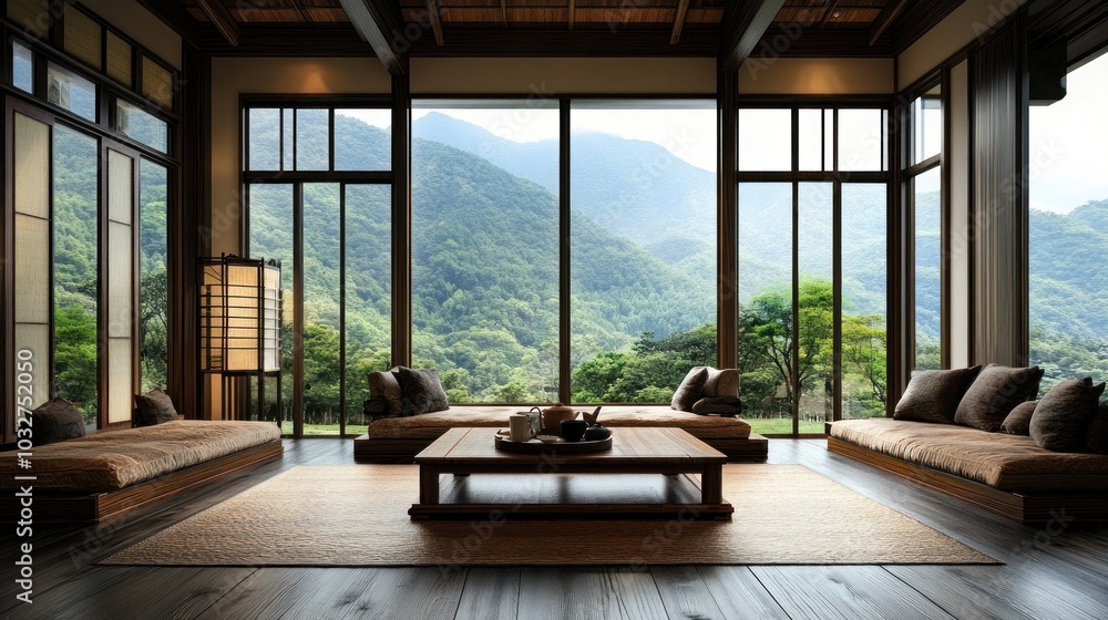 A serene interior with large windows showcasing a mountainous landscape. A serene interior with large windows showcasing a mountainous landscape.