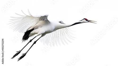 Elegant Crane in Flight Against White Background