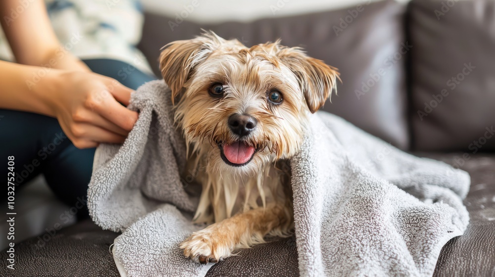 A pet owner drying off a wet dog after a bath, using a towel to remove excess water in a cozy living room A pet owner drying off a wet dog after a bath, using a towel to remove excess water in a cozy living room