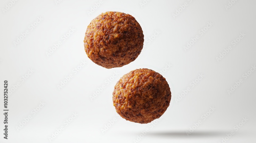 Crispy Falafel Delight - Hyperealistic High-Quality Stock Photo of Delicious Middle Eastern Snack Floating with Dramatic Lighting on White Background Crispy Falafel Delight - Hyperealistic High-Quality Stock Photo of Delicious Middle Eastern Snack Floating with Dramatic Lighting on White Background