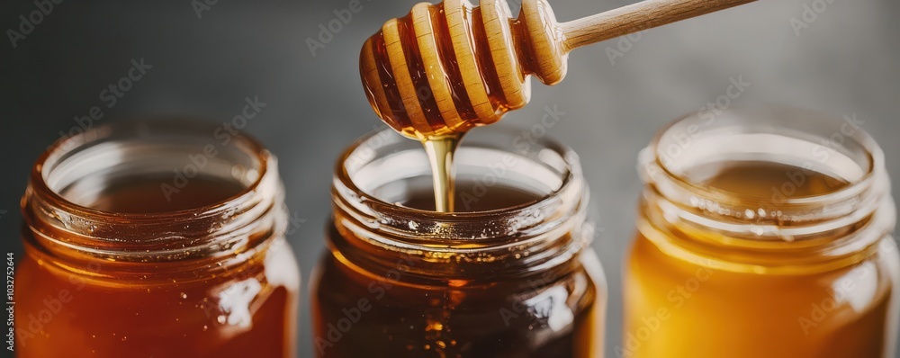 Close-up of honey dripping from a wooden dipper into glass jars filled with golden, amber, and dark honey varieties Close-up of honey dripping from a wooden dipper into glass jars filled with golden, amber, and dark honey varieties