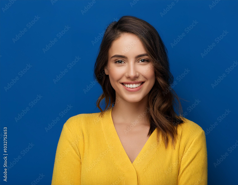 Studio Portrait of Beautiful Happy Young Woman Smiling Against Blue Studio Background Confidently Studio Portrait of Beautiful Happy Young Woman Smiling Against Blue Studio Background Confidently