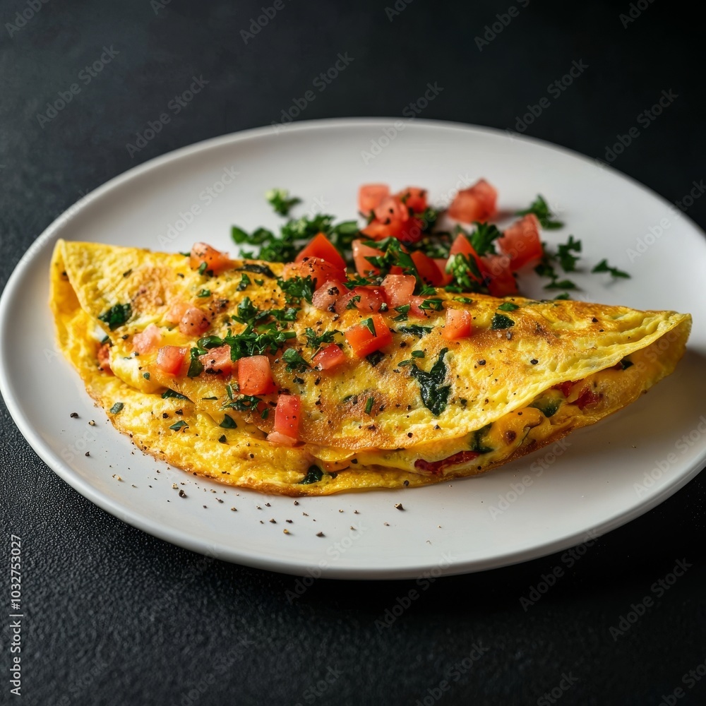 Denver omelette, white plate, low angle. Denver omelette, white plate, low angle.