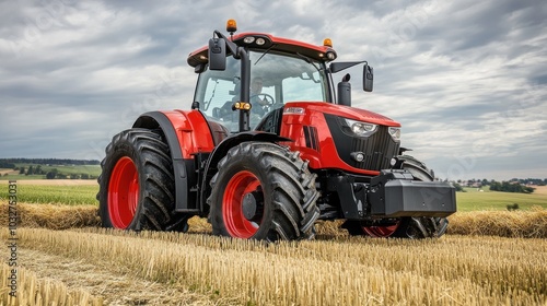 A red tractor in a harvested field under a cloudy sky, designed for agricultural work.