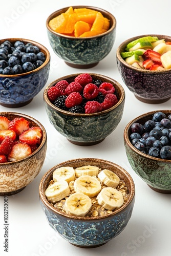 A collage of various bowls filled with fresh fruits and oats, showcasing a colorful and nutritious assortment of berries, bananas, mangoes, and other healthy ingredients in rustic wooden bowls