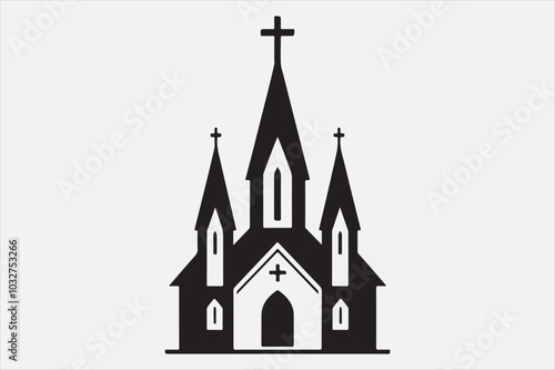 A silhouette of a church with a cross on top.