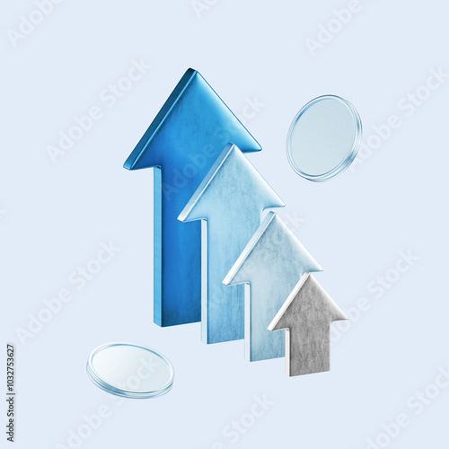 3D Illustration of Arrows in Increasing Order Representing Growth and Progress in Finance and Business