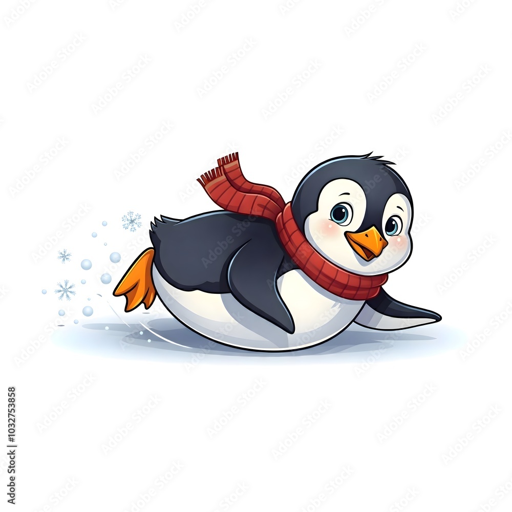 Obraz premium Adorable Cartoon Penguin Sliding Joyfully in the Snow