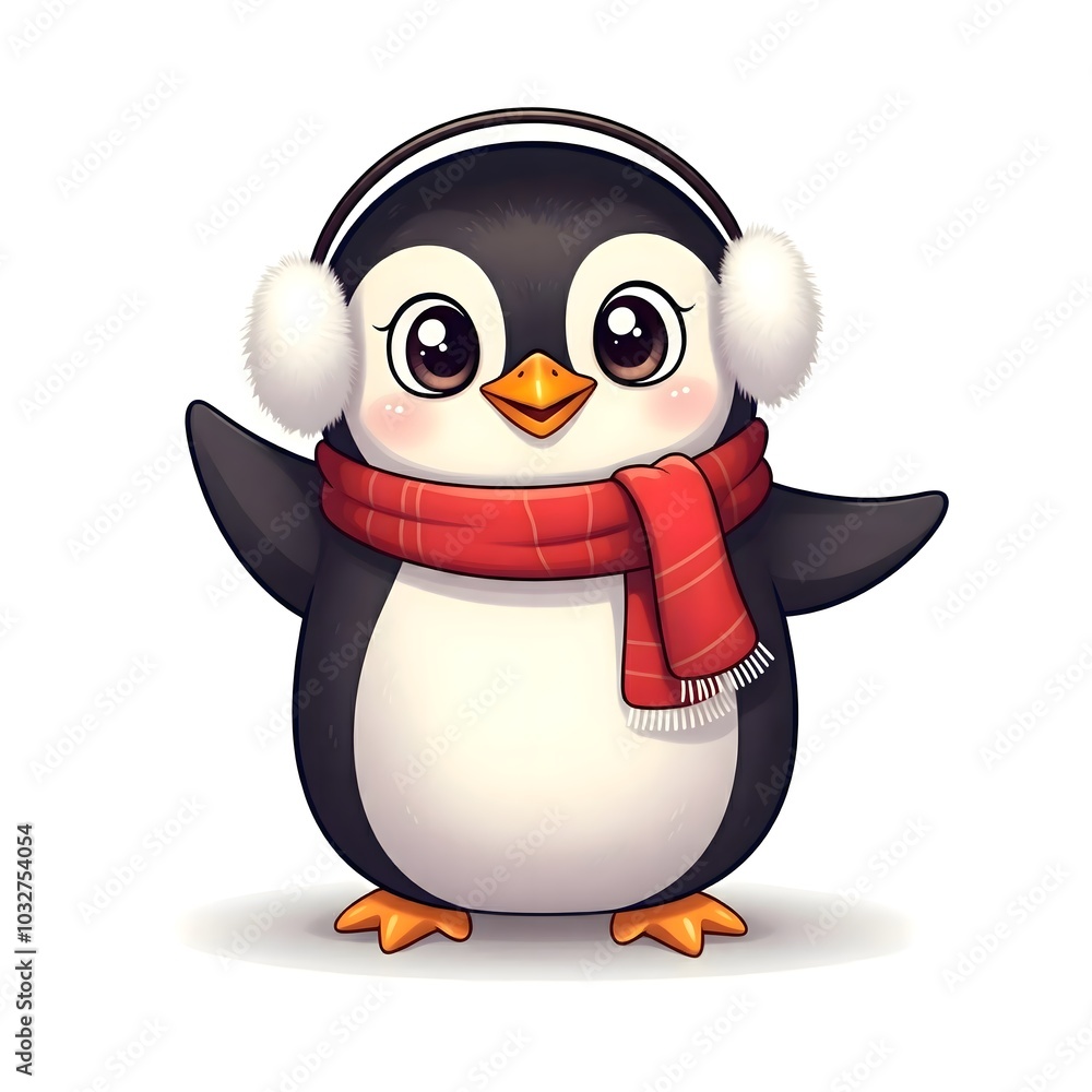 Obraz premium Adorable winter penguin with scarf and earmuffs illustration