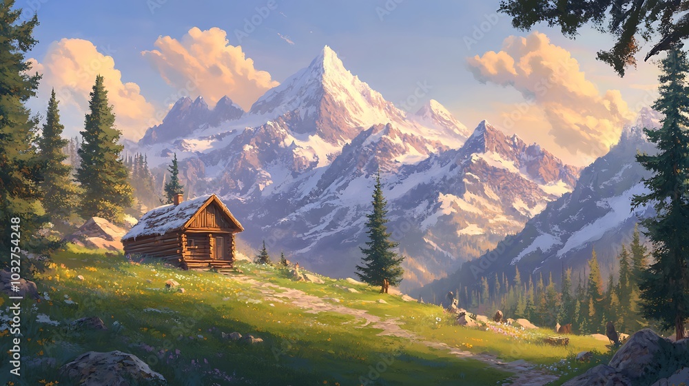 A peaceful mountain landscape with a small wooden cabin nestled among pine trees, and snow-capped peaks in the background A peaceful mountain landscape with a small wooden cabin nestled among pine trees, and snow-capped peaks in the background