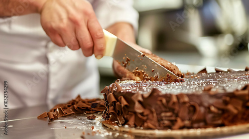 A chef in a white coat is cutting a chocolate cake with a knife. The cake is on a metal tray. The chef is wearing a white glove on his right hand.