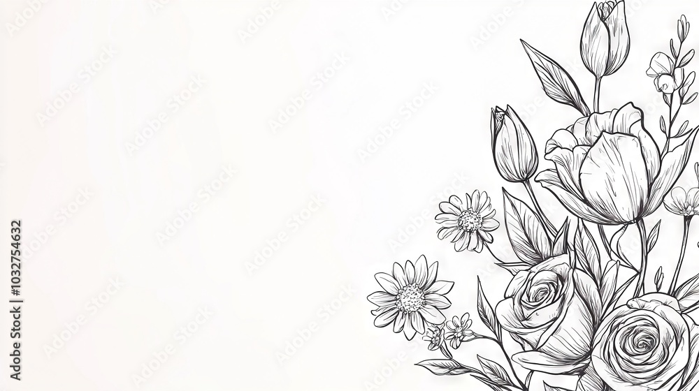 A white background features a bouquet of flowers and space for text in the bottom right corner A white background features a bouquet of flowers and space for text in the bottom right corner