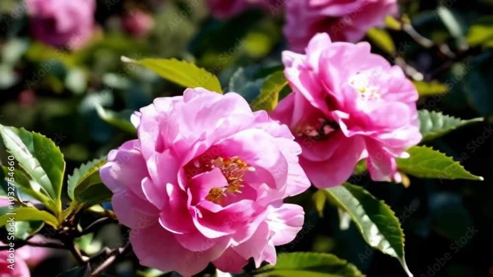 Captivating Trailer of Pink Camellia Flowers and Lush Green Leaves in Bright Sunlight Captivating Trailer of Pink Camellia Flowers and Lush Green Leaves in Bright Sunlight