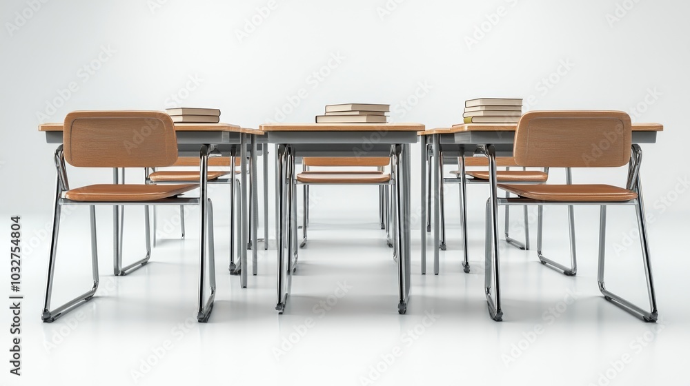 Empty classroom with desks and books ready for learning Empty classroom with desks and books ready for learning