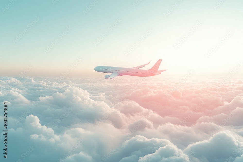 Airplane soaring above fluffy clouds at sunset Airplane soaring above fluffy clouds at sunset