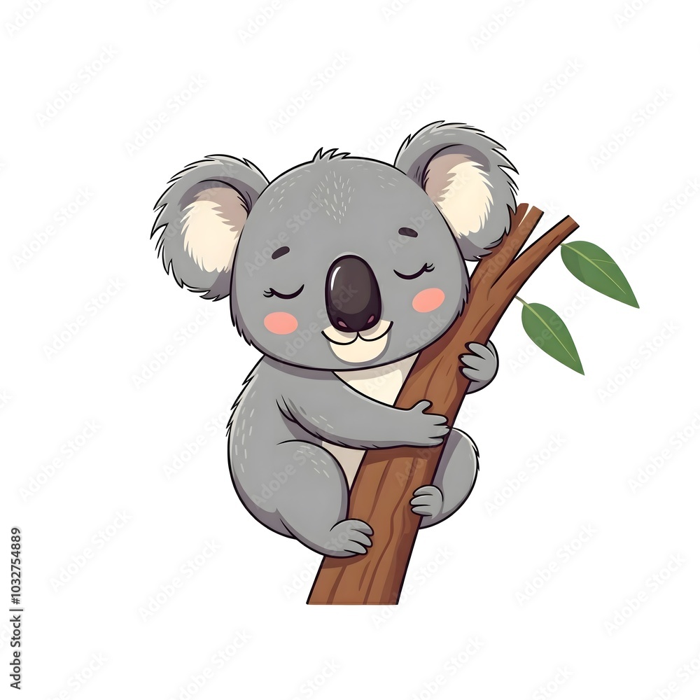 Fototapeta premium Charming Cartoon Koala Hugging Tree Branch Illustration