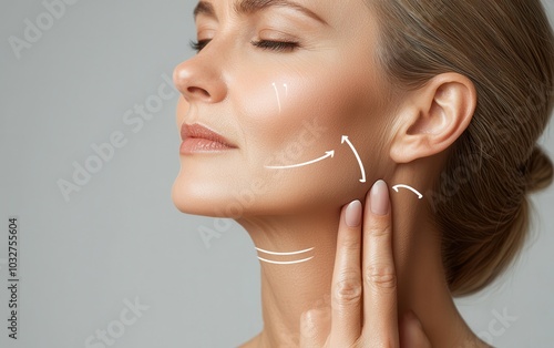 Middle-aged woman practicing skincare routine with focus on neck and jawline for anti-aging and healthy skin. photo