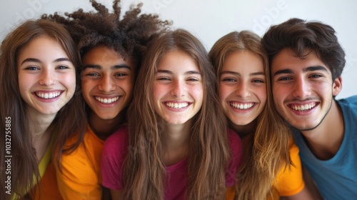 Joyful group of friends smiling together in vibrant colors