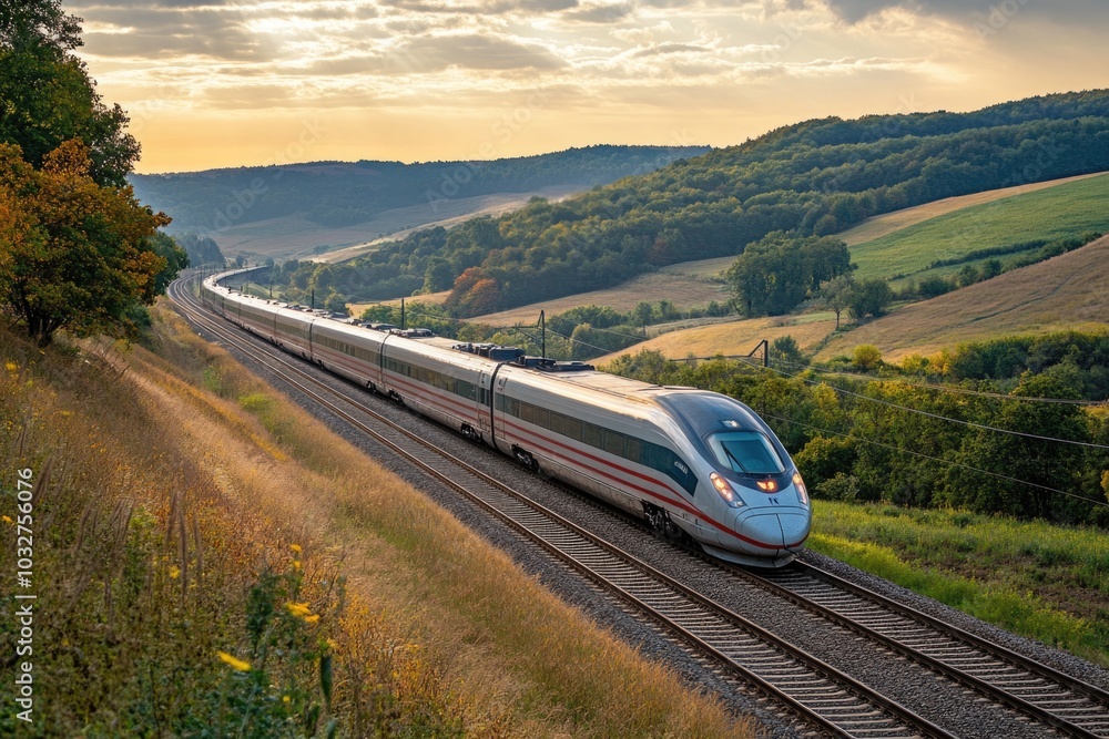Fototapeta premium High-speed train traveling through scenic countryside at sunset
