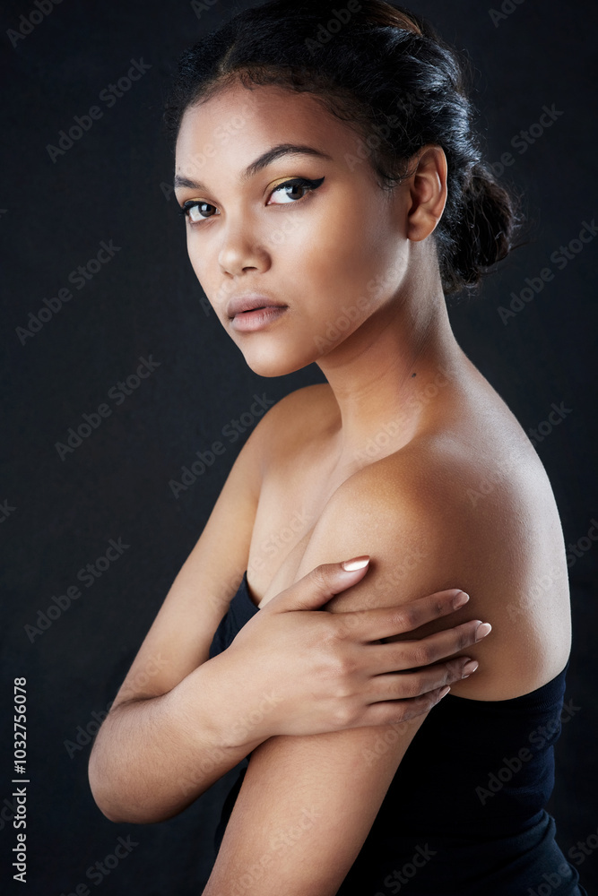 Fototapeta premium Portrait, skincare and woman with makeup for beauty, glow or dermatology isolated on black background. Face, cosmetics and confident model at spa for facial treatment results, eyeliner or eyeshadow