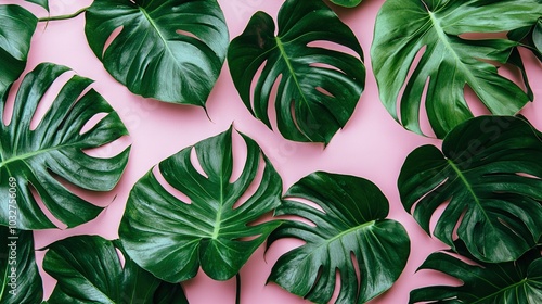   Green leaves stacked on pink surface with pink background