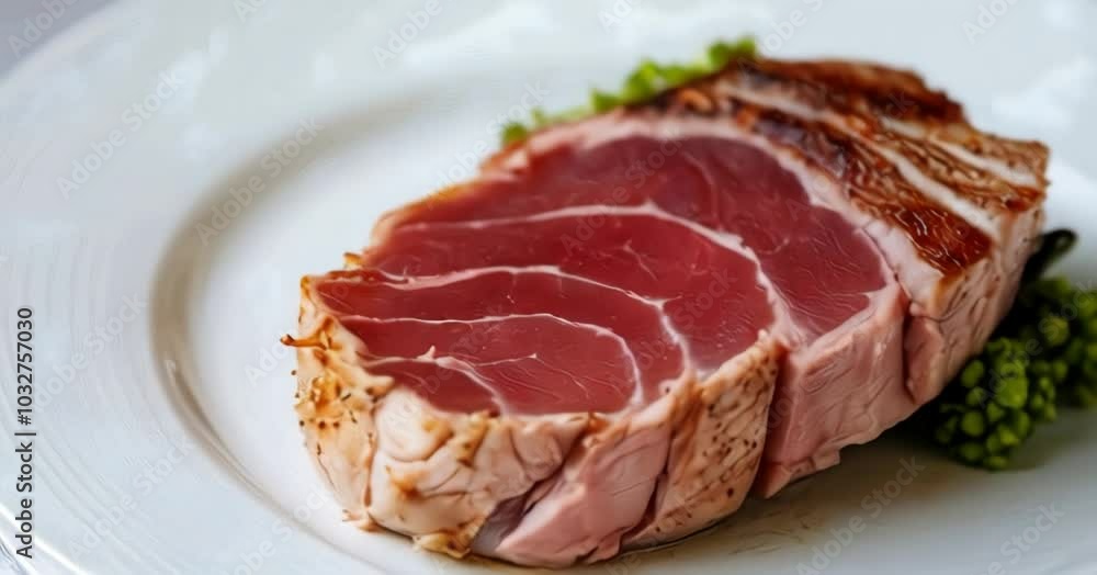 Deliciously prepared seared tuna steak dish served with fresh greens Deliciously prepared seared tuna steak dish served with fresh greens