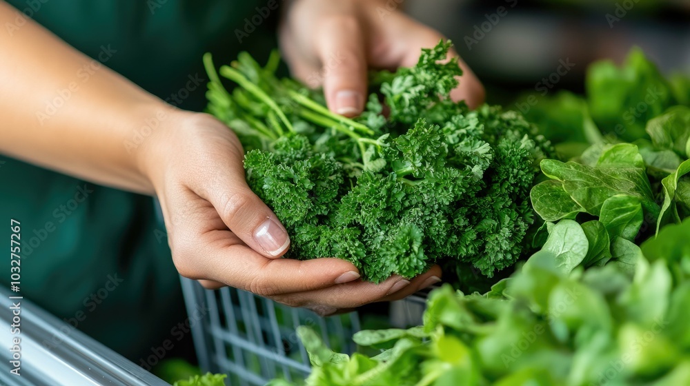 Closeup of Hands Selecting Fresh Parsley in a Produce Section Closeup of Hands Selecting Fresh Parsley in a Produce Section