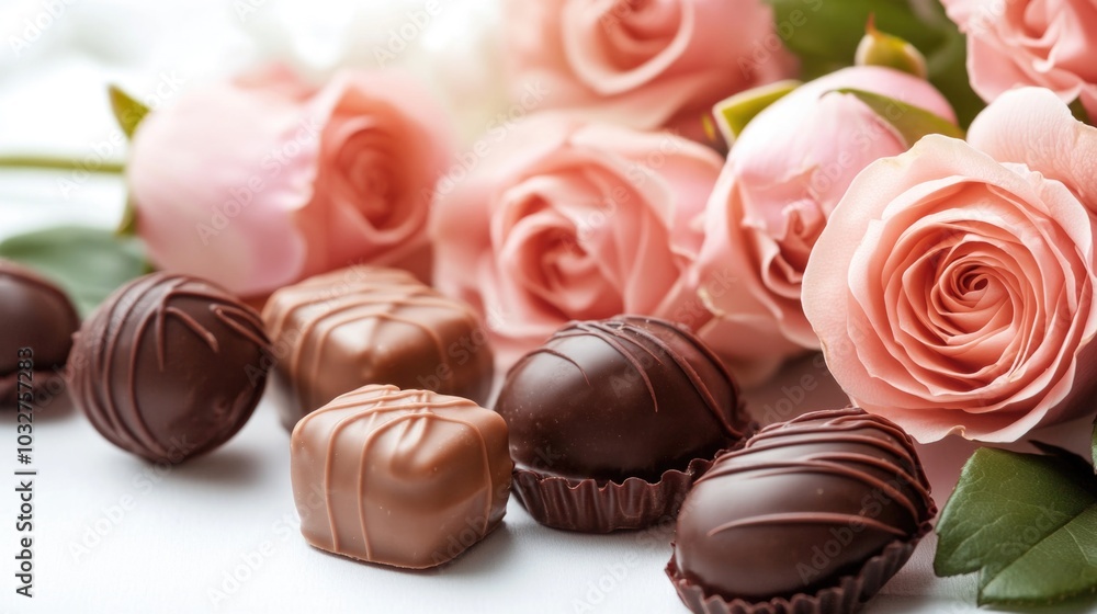Fototapeta premium Elegant arrangement of roses and gourmet chocolates