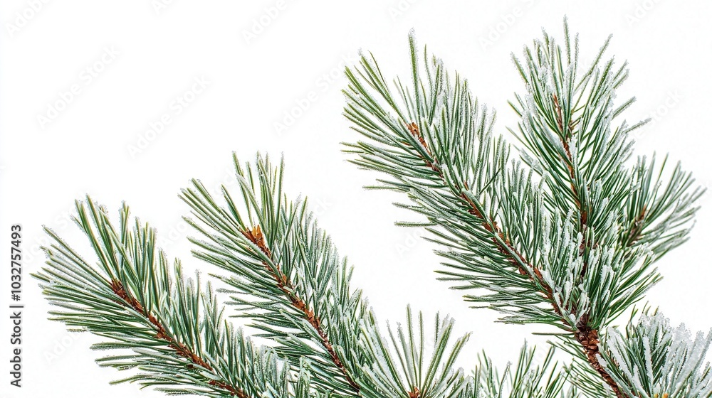 A close-up image of a pine tree's branch with snow at the top and bottom, set against a white backdrop A close-up image of a pine tree's branch with snow at the top and bottom, set against a white backdrop