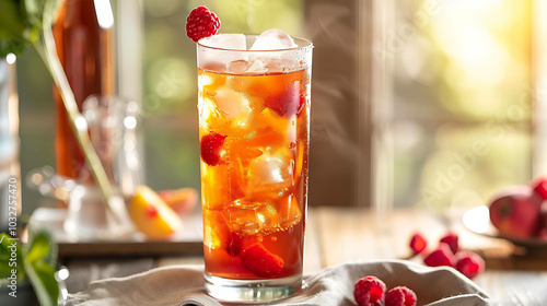 A refreshing glass of iced tea with raspberries and peaches is the perfect way to cool down on a hot summer day. photo