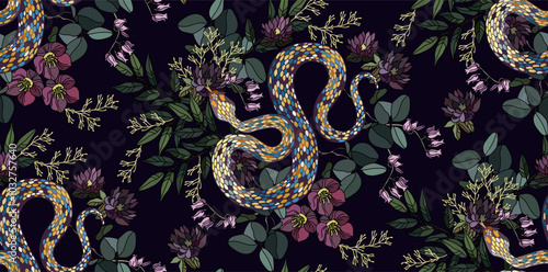 Seamless pattern of colorful snakes intertwined with blooming flowers on a dark background, creating a vibrant and detailed visual