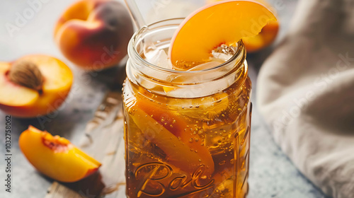 Refreshing and delicious iced tea with peach slices in a mason jar. Perfect for a hot summer day. photo