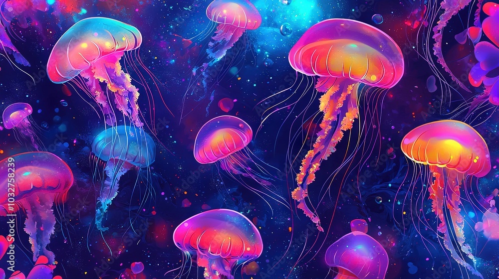 Group of jellyfish in the ocean under a blue sky, with bubbles on its surface Group of jellyfish in the ocean under a blue sky, with bubbles on its surface