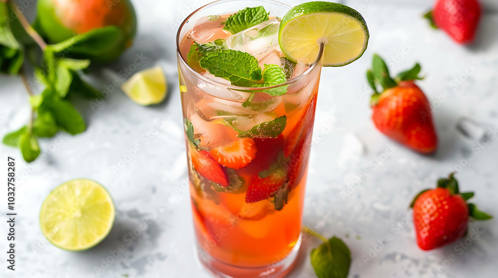Refreshing summer drink with strawberries, lime and mint. The glass is filled with ice cubes and the drink has a beautiful red color. Refreshing summer drink with strawberries, lime and mint. The glass is filled with ice cubes and the drink has a beautiful red color.
