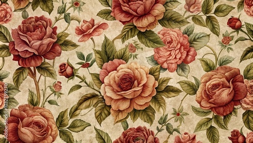 A retro rose fabric background showcasing vintage floral designs in warm, nostalgic colors.