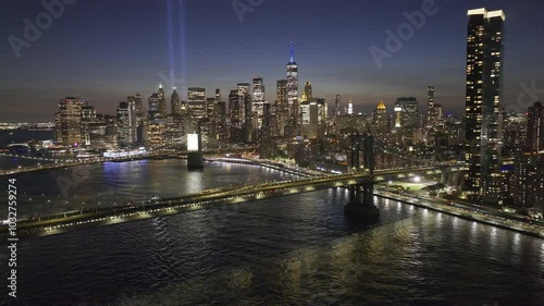 Aerial view of New York City with lights commemorating the 9/11 attack on the twin towers