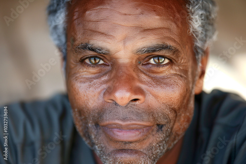 A close-up portrait of an older black man with gray hair and deep-set brown eyes. His face shows signs of age with wrinkles and a thoughtful expression. 