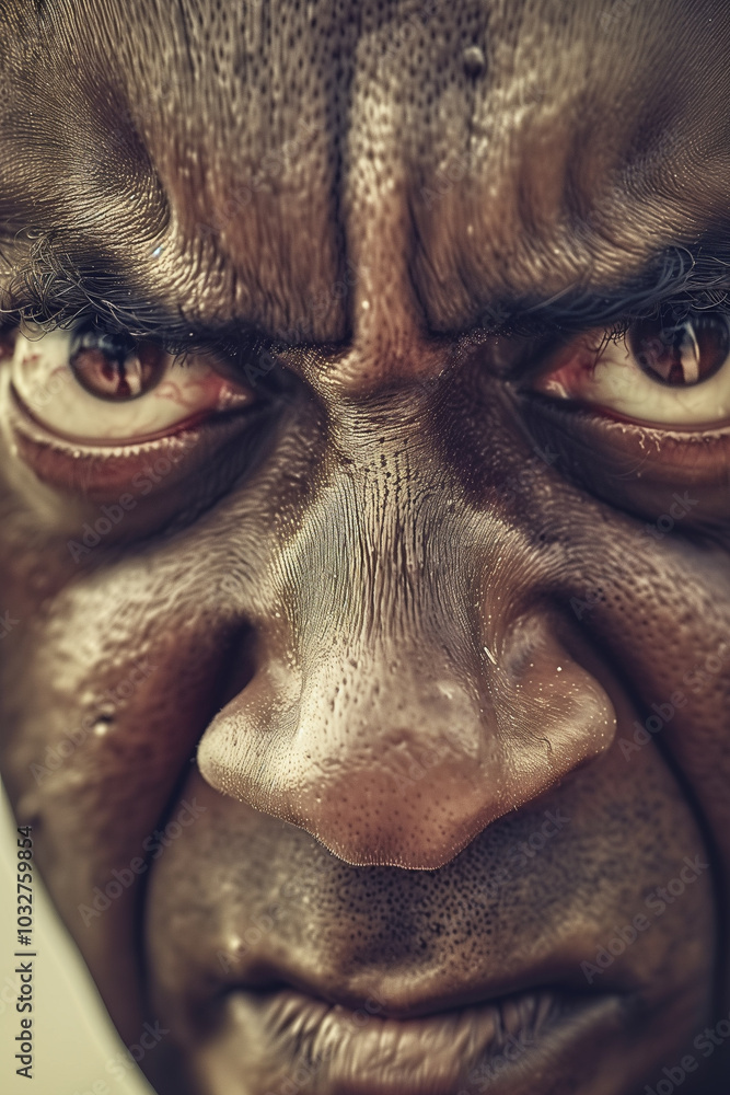 black man with a serious angry expression, showcasing detailed facial features and intense eyes. The skin texture is prominent, emphasizing the strong emotions black man with a serious angry expression, showcasing detailed facial features and intense eyes. The skin texture is prominent, emphasizing the strong emotions