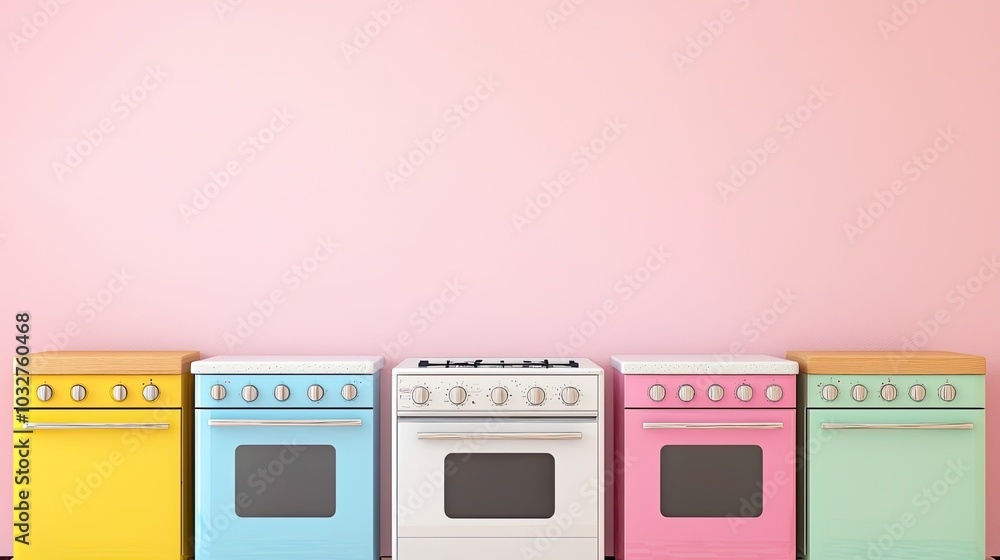 A colorful lineup of retro-style ovens against a pastel pink wall, showcasing a playful and vibrant kitchen aesthetic. A colorful lineup of retro-style ovens against a pastel pink wall, showcasing a playful and vibrant kitchen aesthetic.