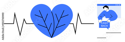 Blue heart integrated with heartbeat line and a man holding a sign that reads Cash Back. Ideal for finance health promotion customer loyalty wellness vector modern clean style