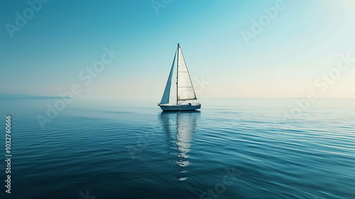 The image is of a sailboat on the ocean. The water is calm and blue, and the sky is clear. The sailboat is white and has a single sail.