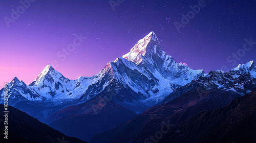  A snow-covered mountain beneath a lilac sky, with a celestial canopy adorned with stars at its peak