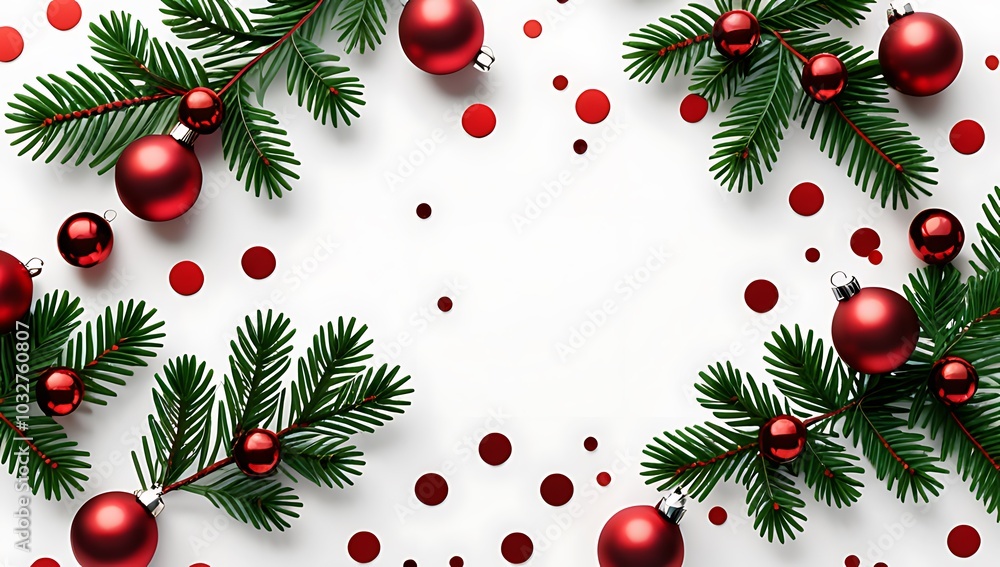fir branch card features red decorations sparkles confetti white background xmas new year celebrations flat lay setup fir branch card features red decorations sparkles confetti white background xmas new year celebrations flat lay setup