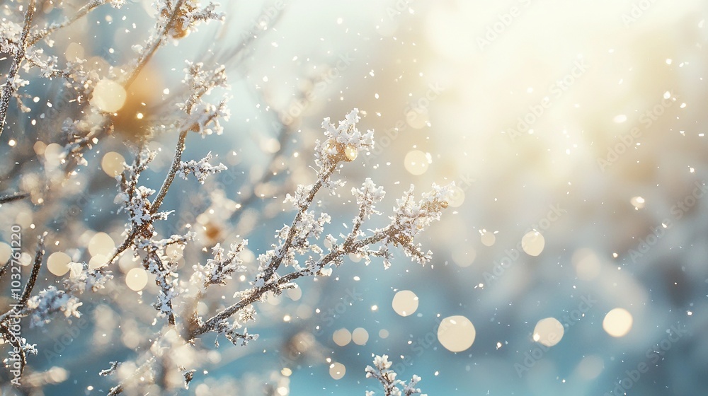 A close-up of a plant covered in snow with sunlight shining in the background A close-up of a plant covered in snow with sunlight shining in the background