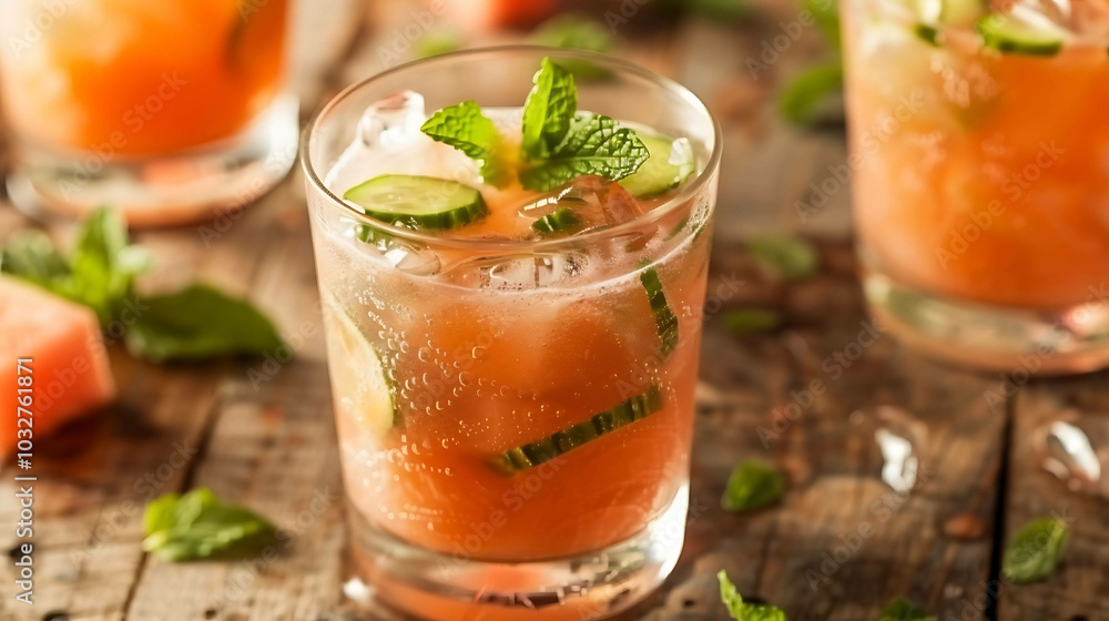 Refreshing summer drink with watermelon, cucumber and mint in a glass on a wooden table. Refreshing summer drink with watermelon, cucumber and mint in a glass on a wooden table.
