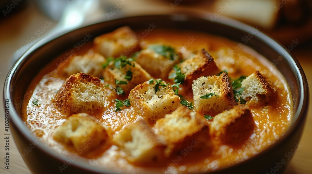 A steaming bowl of hearty soup topped with crunchy croutons, melted Parmesan cheese, and freshly sprinkled parsley A steaming bowl of hearty soup topped with crunchy croutons, melted Parmesan cheese, and freshly sprinkled parsley